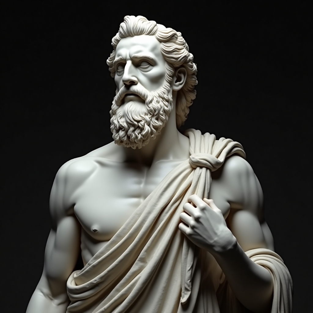 Create a hyper-realistic marble sculpture of an ancient mythological figure with an intense and contemplative expression. The figure should have detailed, flowing hair and a thick beard, showing a muscular build, with intricate detailing in the folds of their toga. The background should be dark to highlight the statue’s features in high contrast, capturing the essence of classical art style.”