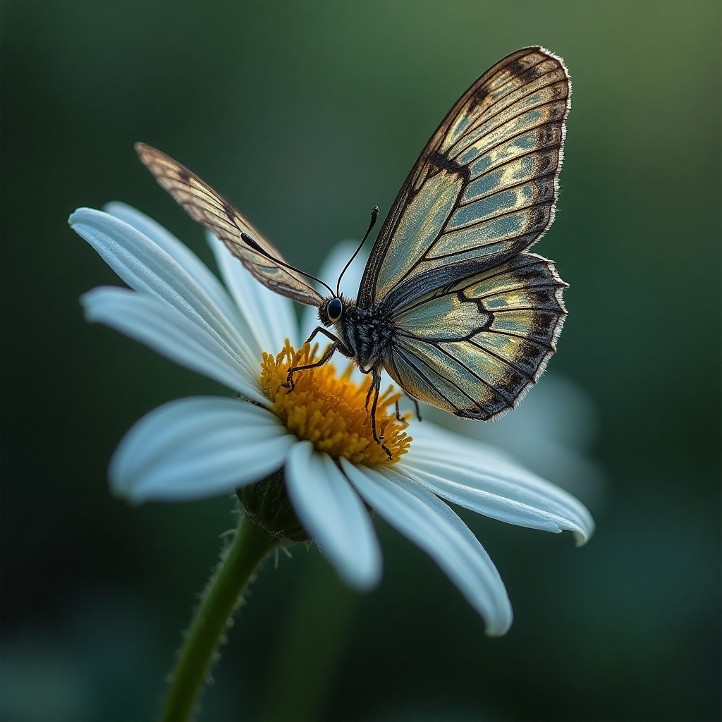 A metallic butterfly with circuit board wings, flapping gently over a digital flower.