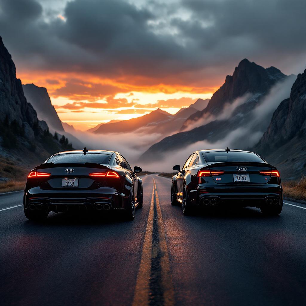 A cinematic rear view of a black Kia Stinger and a black Audi RS5 parked side by side on a mountain road at sunset. The background features dramatic rocky peaks and a moody sky with mist rolling through the valleys. Both cars are glistening with a light sheen, showing off their aggressive tail lights and quad exhausts. The scene is high-resolution, hyper-realistic, with strong contrast and a dynamic depth of field. Photo taken from low angle behind the cars, capturing the vast landscape and powerful stance of the vehicles