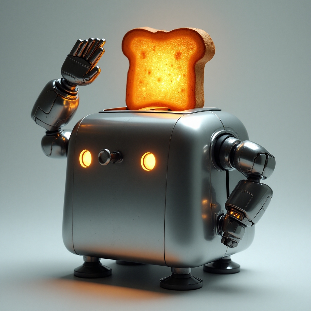 A sleek toaster-bot with holographic toast popping out, saluting like a soldier.