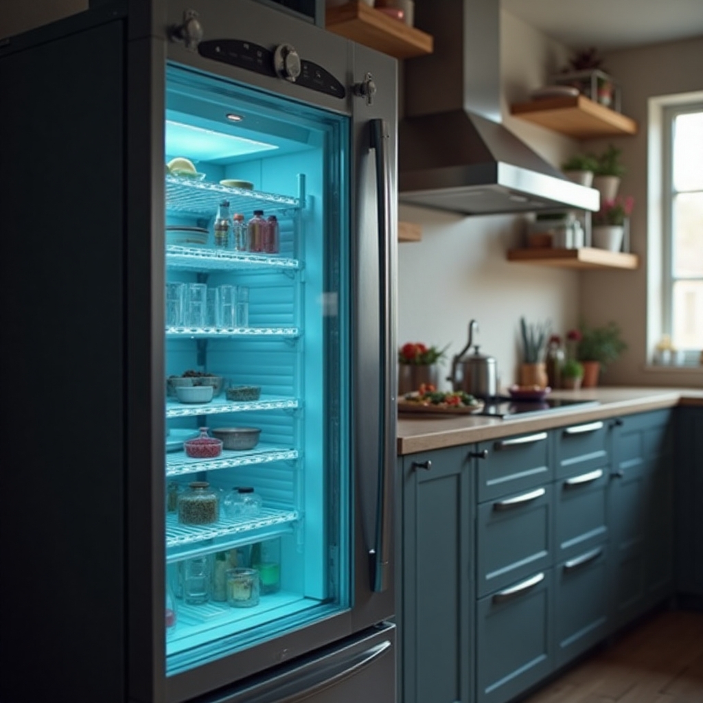 A smart fridge with glasses and a glowing touchscreen belly, lecturing other kitchen appliances.
