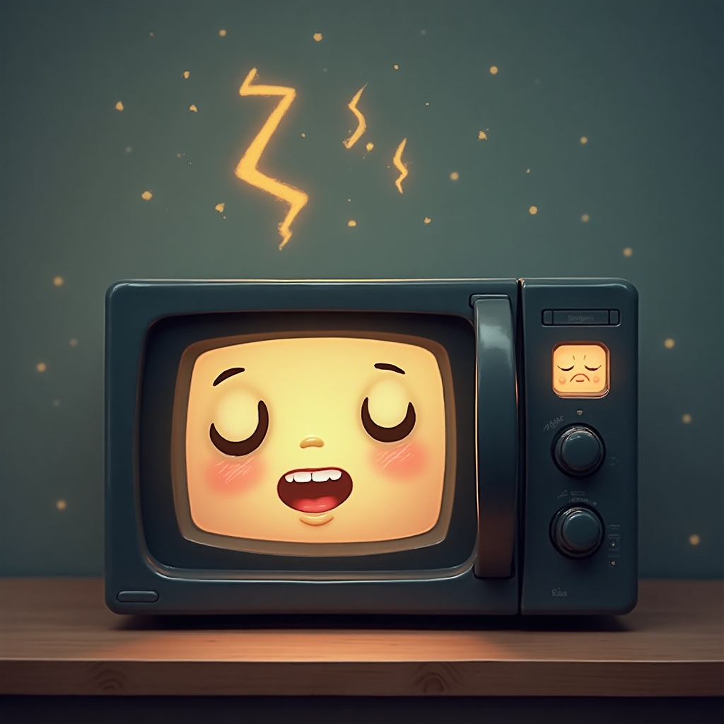 A sleepy microwave with animated eyes and a snoring sound wave on its screen.