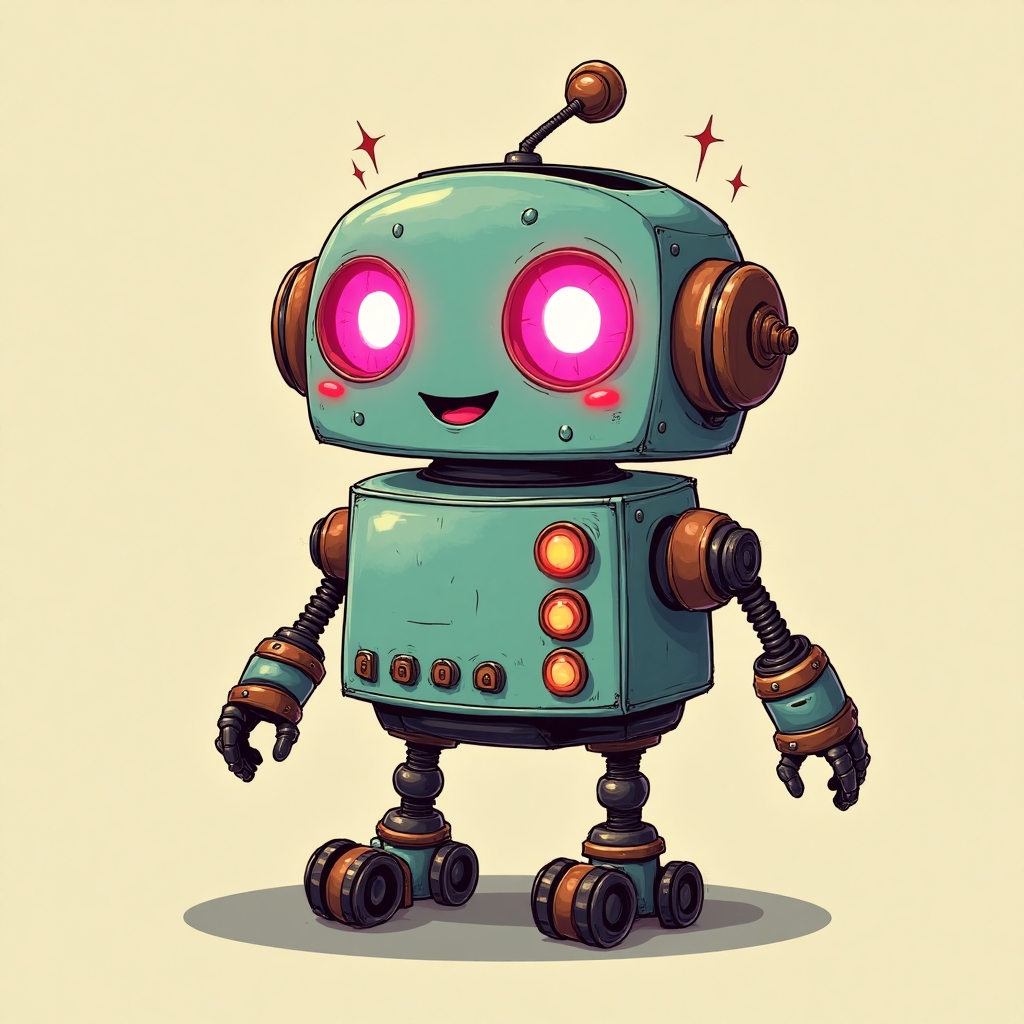 A bubbly cartoon robot shaped like a vintage toaster, with pink neon eyes and tiny roller wheels.