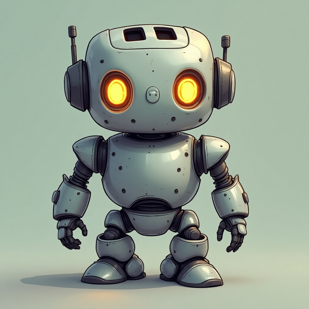A robot shaped like a toaster, with glowing eyes and smooth metallic surfaces, in a cartoon