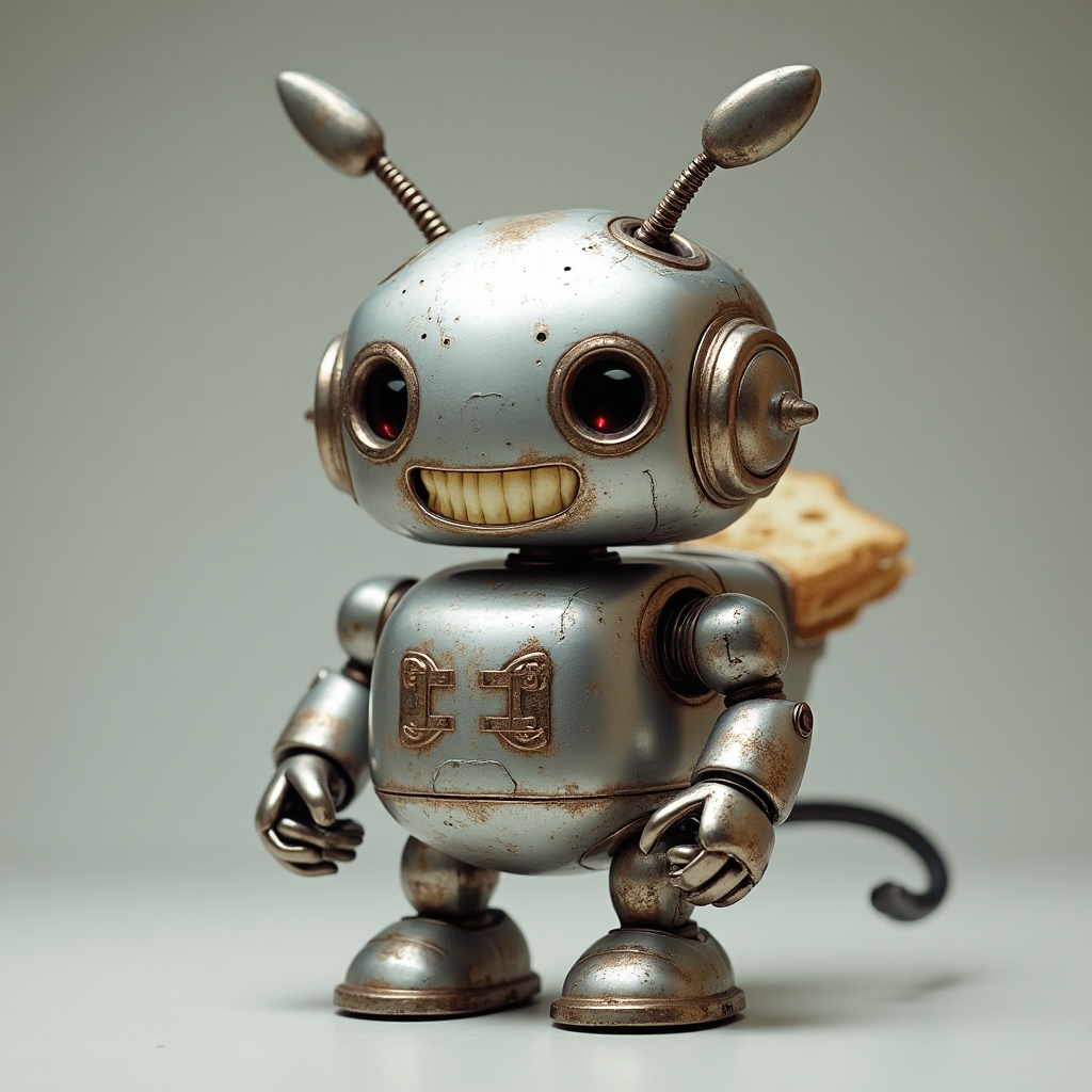 A chrome toaster robot with antenna ears and a toast-launcher on its back, grinning mischievously.