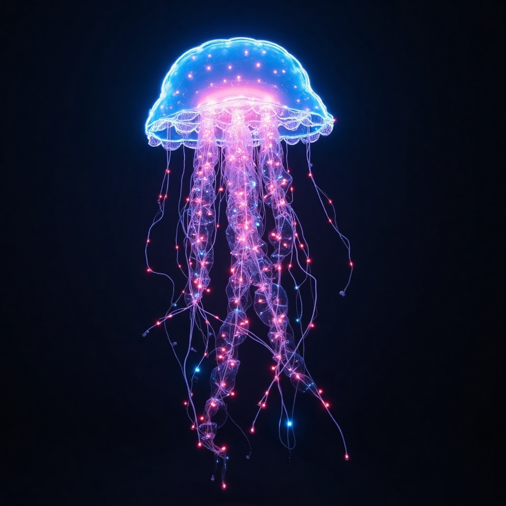 A floating jellyfish made of neon wires and blinking LED lights, humming like a lullaby.