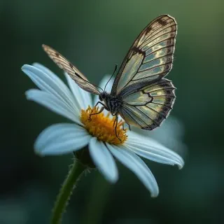 A metallic butterfly with circuit board wings, flapping gently over a digital flower.