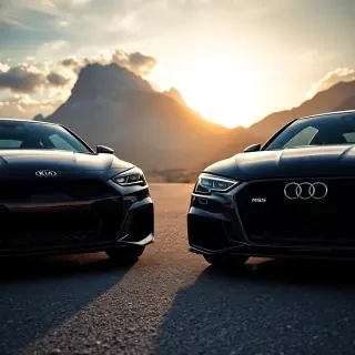 "A cinematic front view of a black Kia Stinger and a black Audi RS5 parked side by side on a mountain pass at golden hour. The powerful front grilles, LED headlights, and sporty details of both cars are clearly visible. Behind them, majestic mountains rise into a cloudy sky, with soft sunlight casting dramatic shadows. The road curves behind them, showing elevation and perspective. The image is ultra-realistic, sharp focus on the cars, with a shallow depth of field on the background, emphasizing the luxury and performance of both vehicles