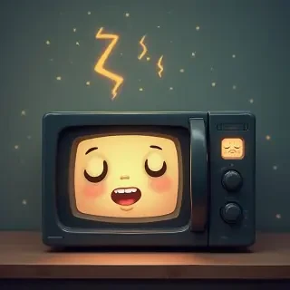 A sleepy microwave with animated eyes and a snoring sound wave on its screen.