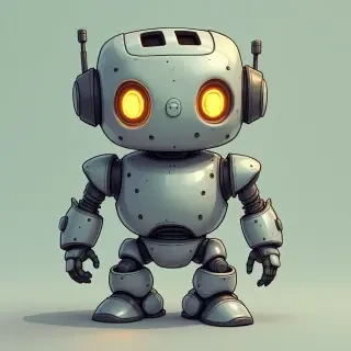 A robot shaped like a toaster, with glowing eyes and smooth metallic surfaces, in a cartoon