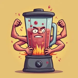 A grumpy blender with muscular cartoon arms and a smoothie explosion around it.