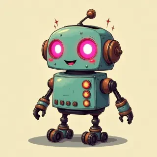 A bubbly cartoon robot shaped like a vintage toaster, with pink neon eyes and tiny roller wheels.